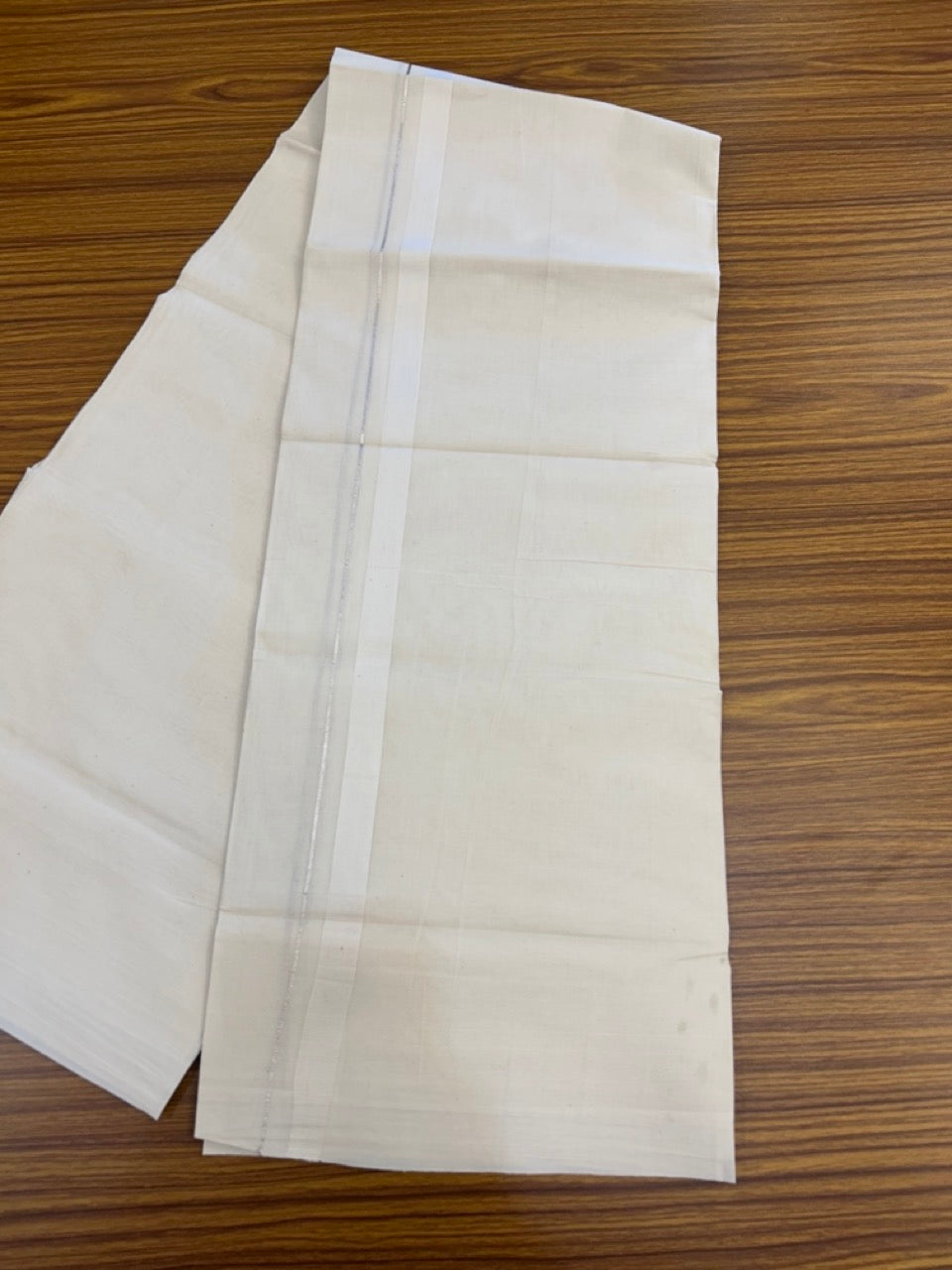 20% Discount! KaithariKada Balaramapuram 100%  Cotton Off White Double - (Unbleached) Mundu/Dhoti - 100X80 - Silver Kasav 0.75 inch White Kara - 4 Mtr (8.5 Muzham) - 109 KK5294 THI