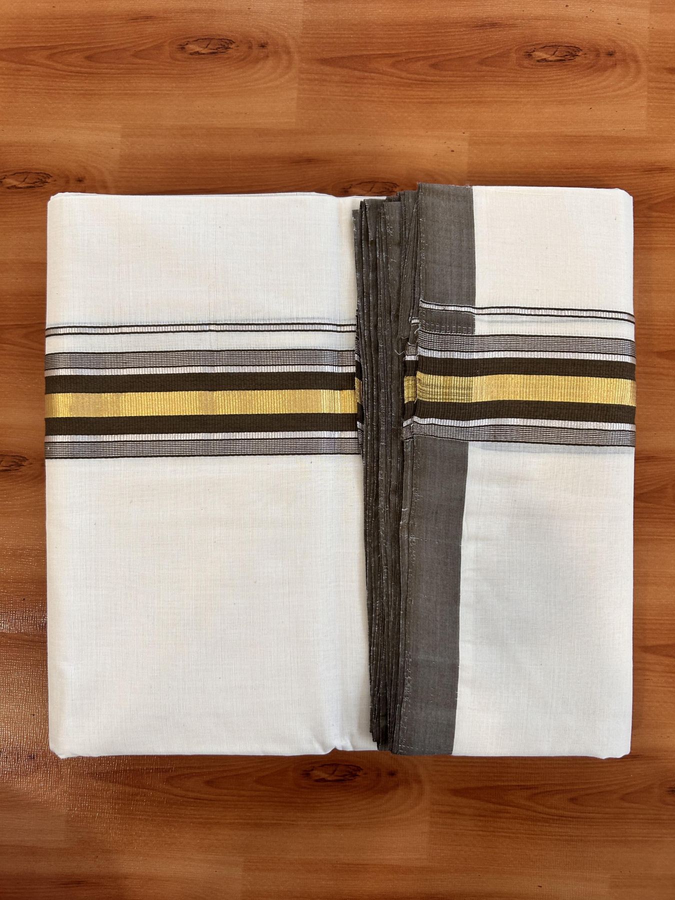 Double Off White (Unbleached) Mundu/Dhoti - 25% Discount! KaithariKada Handloom Millpaav - Kerala Handloom - Cotton - 80x90 - 2 inch Gold & Silver Kasav Striped & Brown Kara 4 meter (8.5 Muzham) - 10 KK5430 RAM