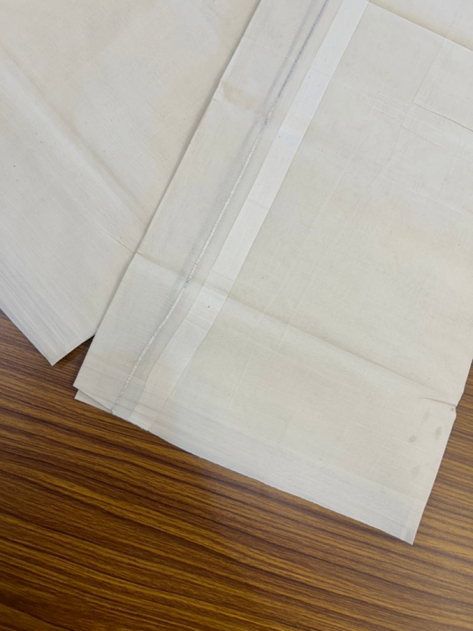 20% Discount! KaithariKada Balaramapuram 100%  Cotton Off White Double - (Unbleached) Mundu/Dhoti - 100X80 - Silver Kasav 0.75 inch White Kara - 4 Mtr (8.5 Muzham) - 109 KK5294 THI