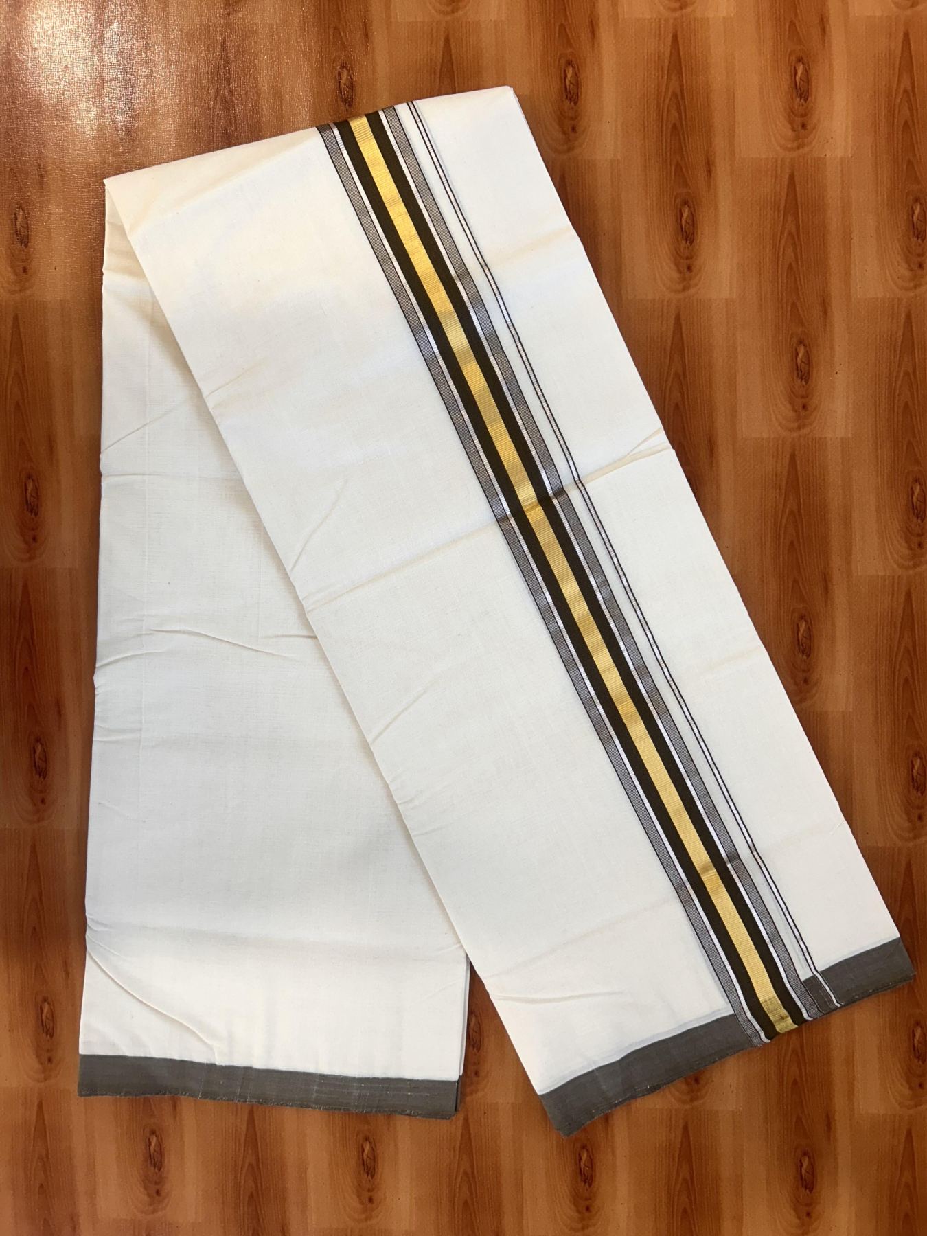 Double Off White (Unbleached) Mundu/Dhoti - 25% Discount! KaithariKada Handloom Millpaav - Kerala Handloom - Cotton - 80x90 - 2 inch Gold & Silver Kasav Striped & Brown Kara 4 meter (8.5 Muzham) - 10 KK5430 RAM