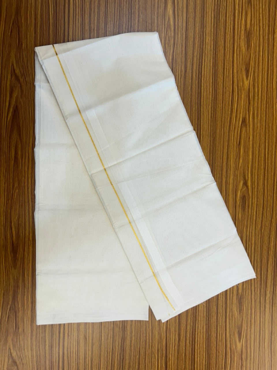 20% Discount! KaithariKada Balaramapuram 100%  Cotton Off White Double - (Unbleached) Mundu/Dhoti - 100X80 - Gold Kasav 0.75 inch White Kara - 4 Mtr (8.5 Muzham) - 108 KK5294 THI
