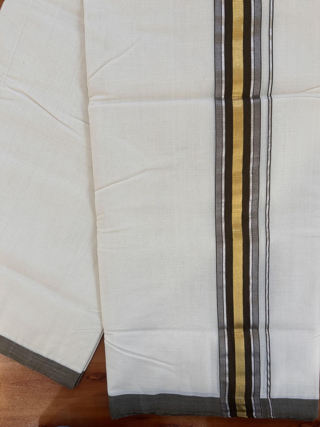 Double Off White (Unbleached) Mundu/Dhoti - 25% Discount! KaithariKada Handloom Millpaav - Kerala Handloom - Cotton - 80x90 - 2 inch Gold & Silver Kasav Striped & Brown Kara 4 meter (8.5 Muzham) - 10 KK5430 RAM