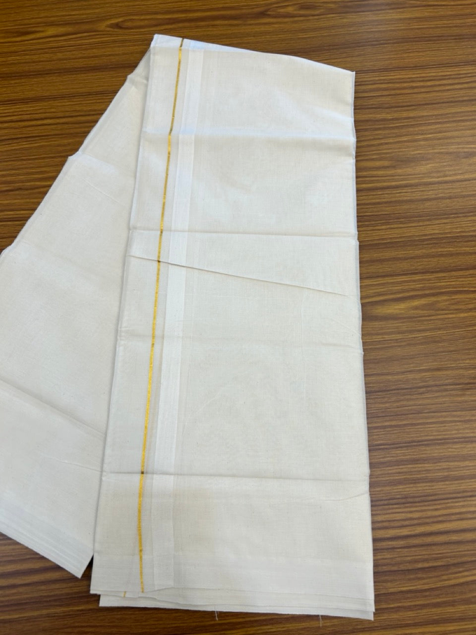 20% Discount! KaithariKada Balaramapuram 100%  Cotton Off White Double - (Unbleached) Mundu/Dhoti - 100X80 - Gold Kasav 0.75 inch White Kara - 4 Mtr (8.5 Muzham) - 108 KK5294 THI