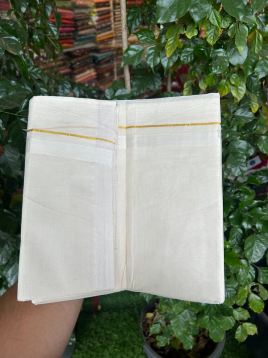 20% Discount! KaithariKada Balaramapuram 100%  Cotton Off White Double - (Unbleached) Mundu/Dhoti - 100X80 - Gold Kasav 0.75 inch White Kara - 4 Mtr (8.5 Muzham) - 108 KK5294 THI