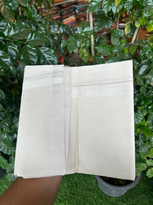20% Discount! KaithariKada Balaramapuram 100%  Cotton Off White Double - (Unbleached) Mundu/Dhoti - 100X80 - Silver Kasav 0.75 inch White Kara - 4 Mtr (8.5 Muzham) - 109 KK5294 THI
