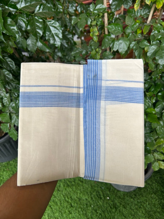 20% Discount! KaithariKada Balaramapuram 100%  Cotton Off White Double - (Unbleached) Mundu/Dhoti - 100X80 - 1.25 Inch Blue striped Kara - 4 Mtr (8.5 Muzham) - 110 KK5294 THI