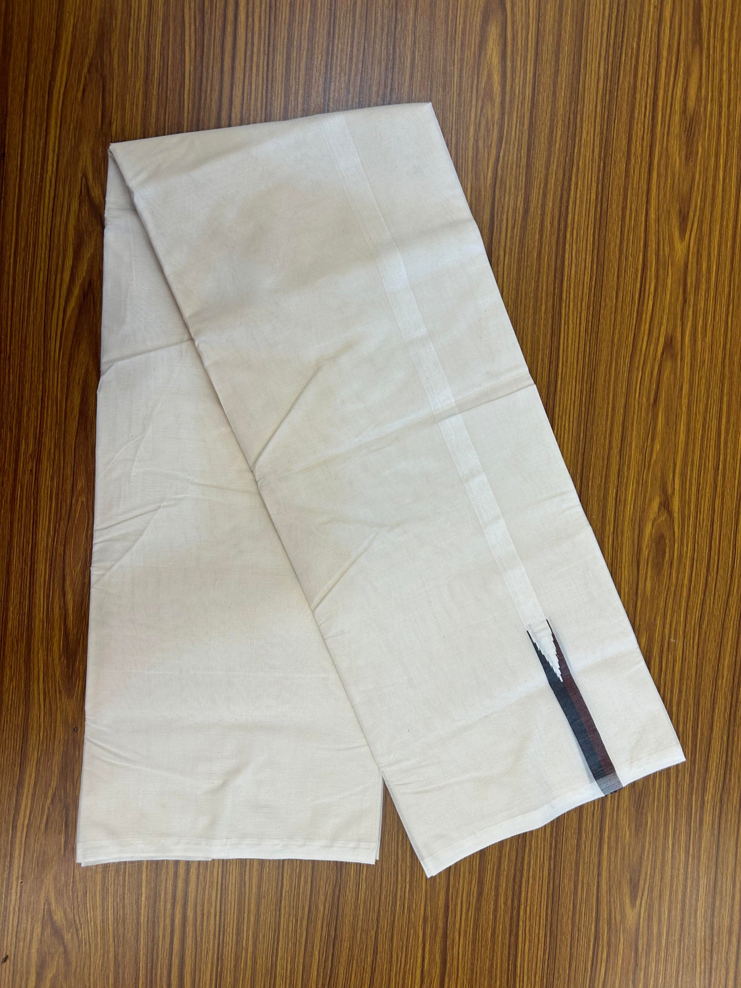 20% Discount!! KaithariKada Balaramapuram 100% Cotton Off White Double - (Unbleached) Mundu/Dhoti-100x100 - 0.75 Inch Puliyilakkara Black & Brown Chutty Kara - 4 mtr (8.5 muzham) - 17 KK5354 ASH