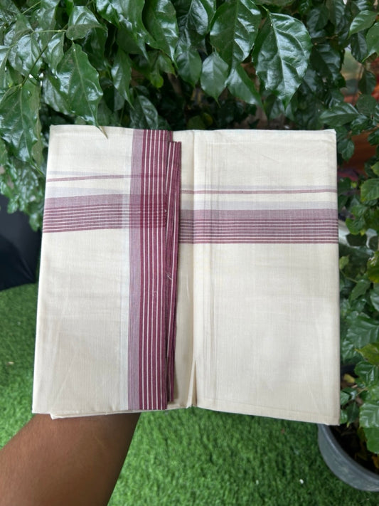 20% Discount! KaithariKada Balaramapuram 100%  Cotton Off White Double - (Unbleached) Mundu/Dhoti - 100X80 - 1.25 Inch Purple Maroon striped Kara - 4 Mtr (8.5 Muzham) - 112 KK5294 THI