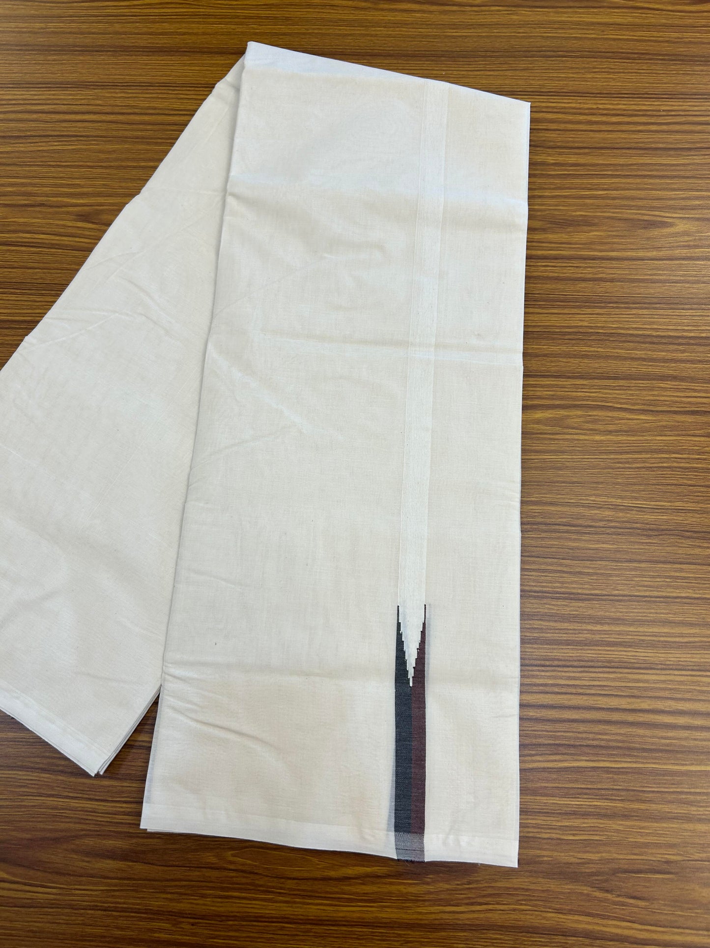 20% Discount!! KaithariKada Balaramapuram 100% Cotton Off White Double - (Unbleached) Mundu/Dhoti-100x100 - 0.75 Inch Puliyilakkara Black & Brown Chutty Kara - 4 mtr (8.5 muzham) - 17 KK5354 ASH