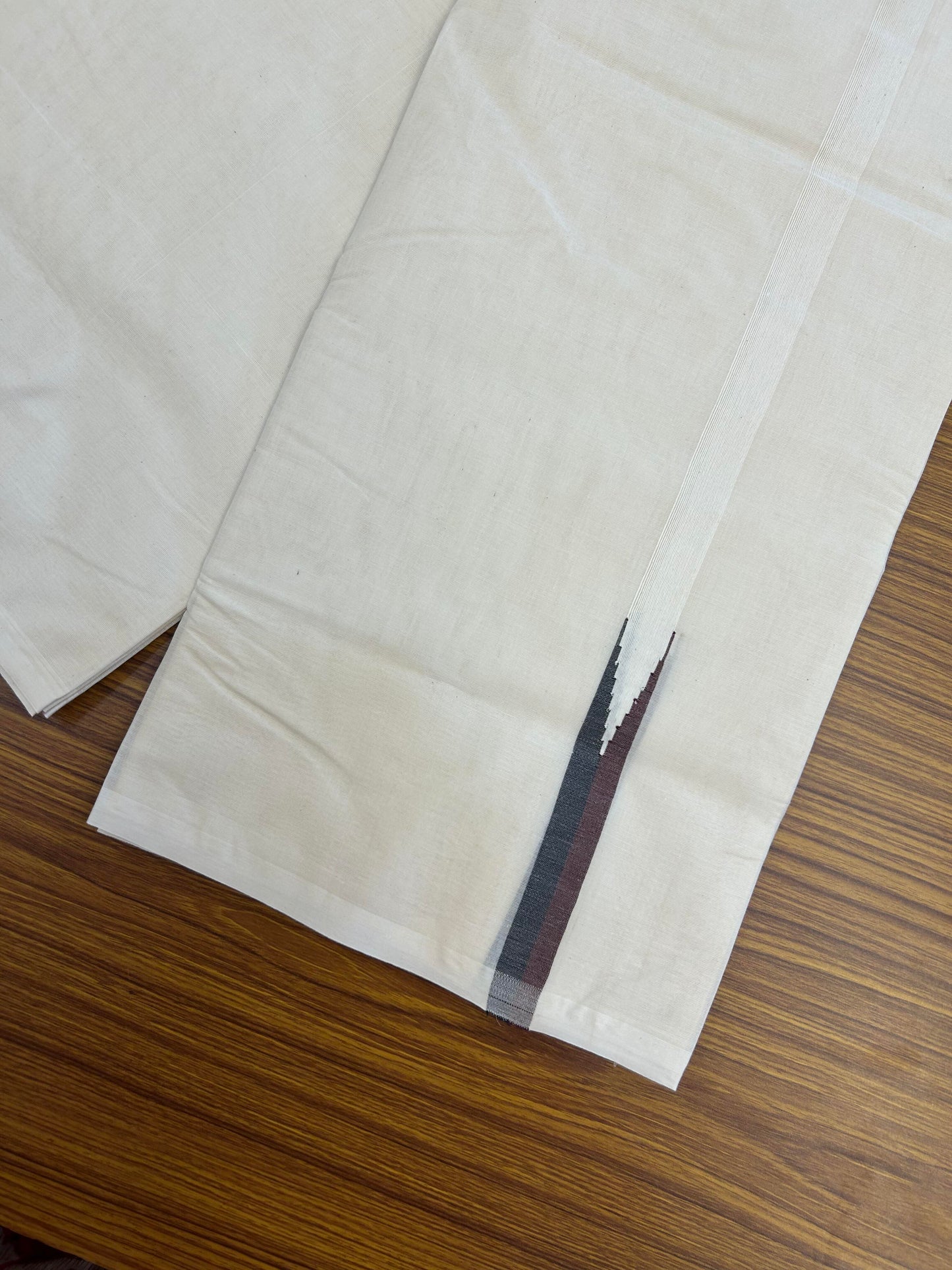 20% Discount!! KaithariKada Balaramapuram 100% Cotton Off White Double - (Unbleached) Mundu/Dhoti-100x100 - 0.75 Inch Puliyilakkara Black & Brown Chutty Kara - 4 mtr (8.5 muzham) - 17 KK5354 ASH