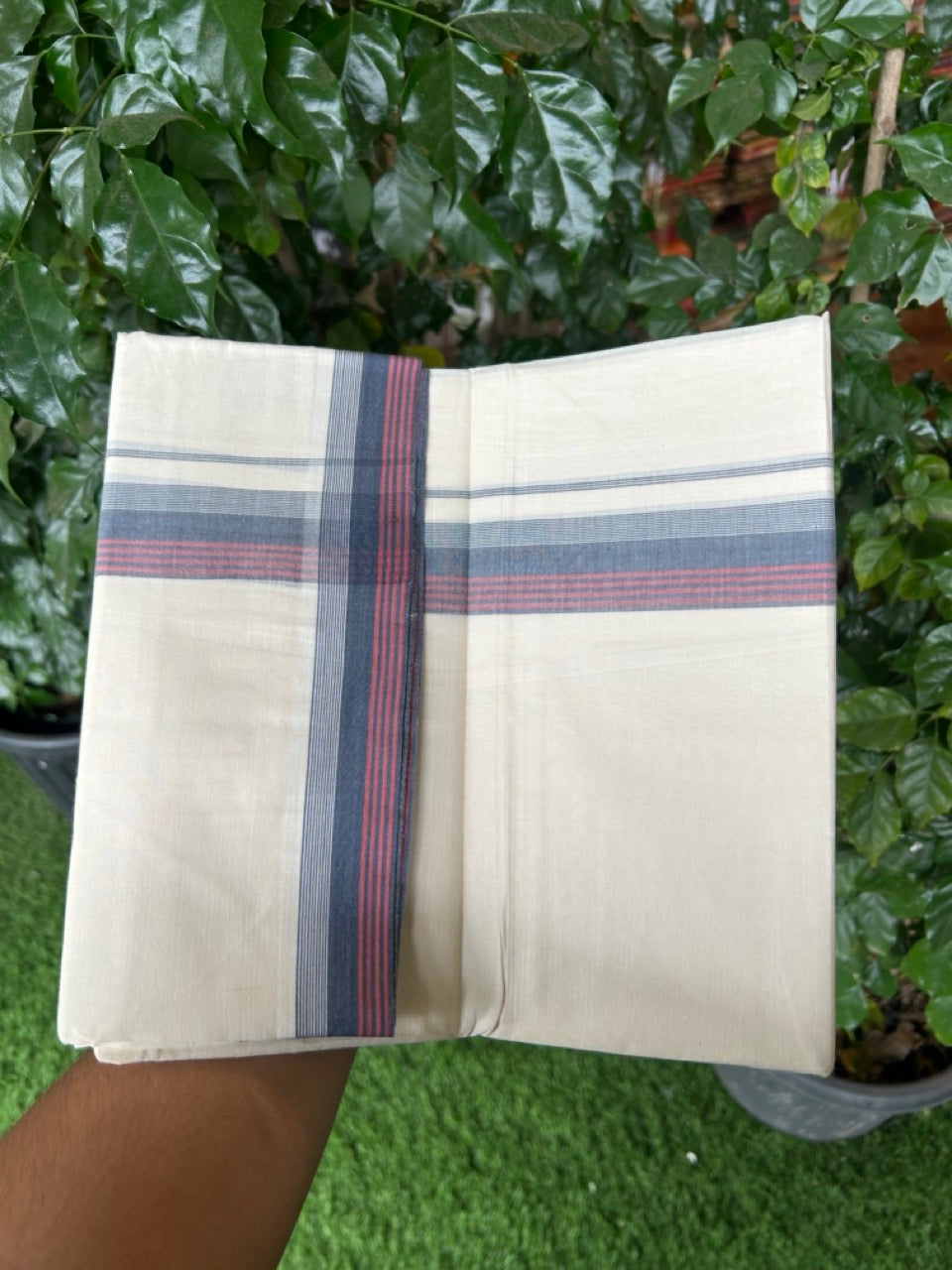 20% Discount! KaithariKada Balaramapuram 100%  Cotton Off White Double - (Unbleached) Mundu/Dhoti - 100X80 - 1.5 Inch Dark Navy Blue shaded Red Orange striped Kara - 4 Mtr (8.5 Muzham) - 118 KK5294 THI
