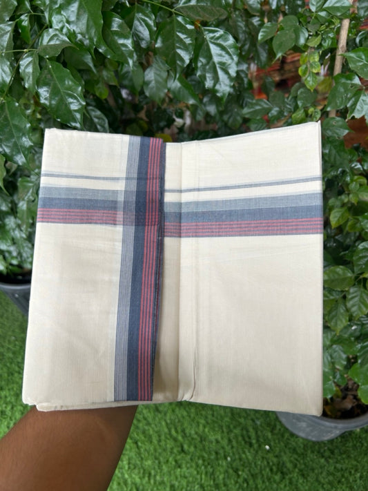 20% Discount! KaithariKada Balaramapuram 100%  Cotton Off White Double - (Unbleached) Mundu/Dhoti - 100X80 - 1.5 Inch Dark Navy Blue shaded Red Orange striped Kara - 4 Mtr (8.5 Muzham) - 118 KK5294 THI