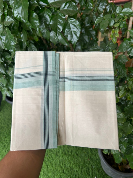 20% Discount! KaithariKada Balaramapuram 100%  Cotton Off White Double - (Unbleached) Mundu/Dhoti - 100X80 - 1.5 Inch Pastel Mint Green shaded Black striped Kara - 4 Mtr (8.5 Muzham) - 119 KK5294 THI