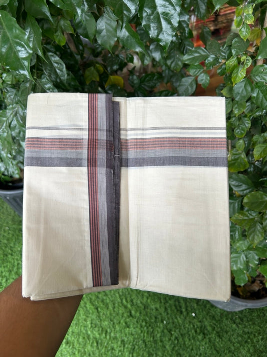 20% Discount! KaithariKada Balaramapuram 100%  Cotton Off White Double - (Unbleached) Mundu/Dhoti - 100X80 - 1.5 Inch Dark Brown & Rust Brown striped Kara - 4 Mtr (8.5 Muzham) - 124 KK5294 THI