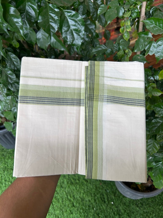 20% Discount! KaithariKada Balaramapuram 100%  Cotton Off White Double - (Unbleached) Mundu/Dhoti - 100X80 - 1.75 Inch Pista Green & Black Green striped Kara - 4 Mtr (8.5 Muzham) - 117 KK5294 THI