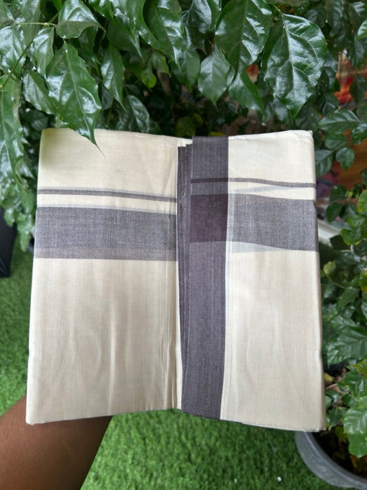 20% Discount! KaithariKada Balaramapuram 100%  Cotton Off White Double - (Unbleached) Mundu/Dhoti - 100X80 - 1.75 inch Dark Brown Shaded Kara - 4 Mtr (8.5 Muzham) - 107 KK5294 THI