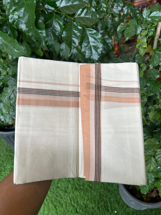 20% Discount! KaithariKada Balaramapuram 100%  Cotton Off White Double - (Unbleached) Mundu/Dhoti - 100X80 - 1.5 Inch Sand Brown shaded Black striped Kara - 4 Mtr (8.5 Muzham) - 120 KK5294 THI
