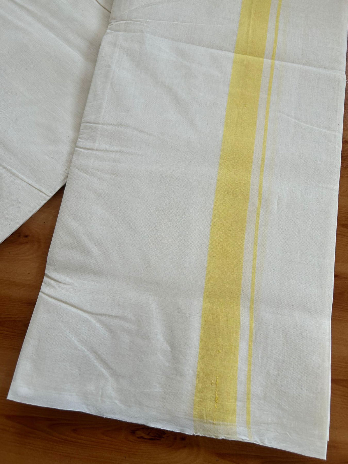 Double Off White (Unbleached) Mundu/Dhoti - 20% Discount! Kaitharikada 100% Pure Cotton - 100x100 - 1.25 inch Yellow shaded Kara 4 mtr (8.5 muzham) - 23 KK5546 ASH