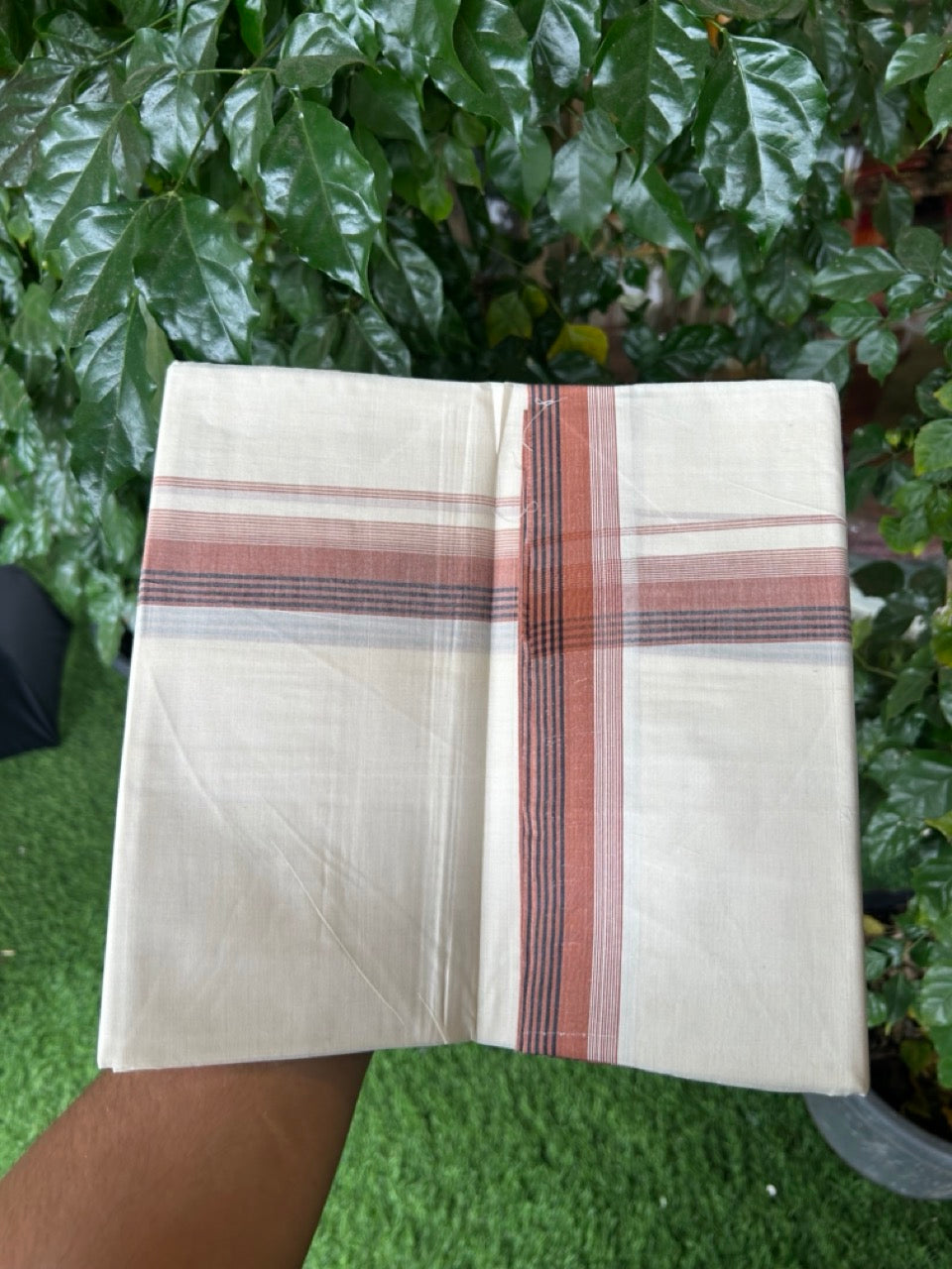 20% Discount! KaithariKada Balaramapuram 100%  Cotton Off White Double - (Unbleached) Mundu/Dhoti - 100X80 - 1.5 Inch Rust Brown shaded Black striped Kara - 4 Mtr (8.5 Muzham) - 121 KK5294 THI