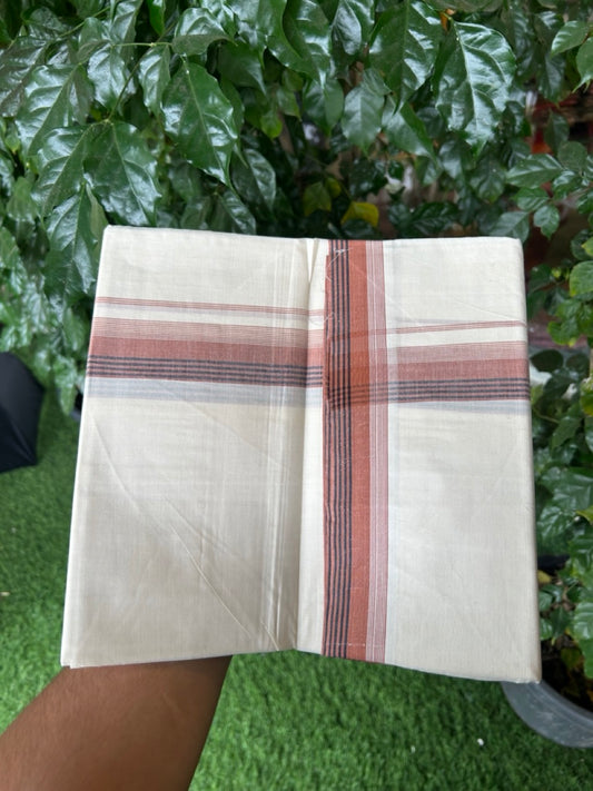 20% Discount! KaithariKada Balaramapuram 100%  Cotton Off White Double - (Unbleached) Mundu/Dhoti - 100X80 - 1.5 Inch Rust Brown shaded Black striped Kara - 4 Mtr (8.5 Muzham) - 121 KK5294 THI