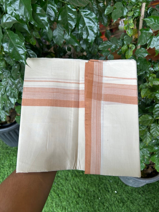 20% Discount! KaithariKada Balaramapuram 100%  Cotton Off White Double - (Unbleached) Mundu/Dhoti - 100X80 - 1.75 Inch Dark Peach striped Kara - 4 Mtr (8.5 Muzham) - 116 KK5294 THI