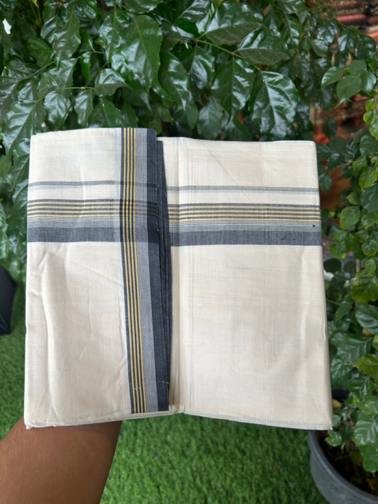 20% Discount! KaithariKada Balaramapuram 100%  Cotton Off White Double - (Unbleached) Mundu/Dhoti - 100X80 - 1.5 Inch Black shaded yellow striped Kara - 4 Mtr (8.5 Muzham) - 123 KK5294 THI