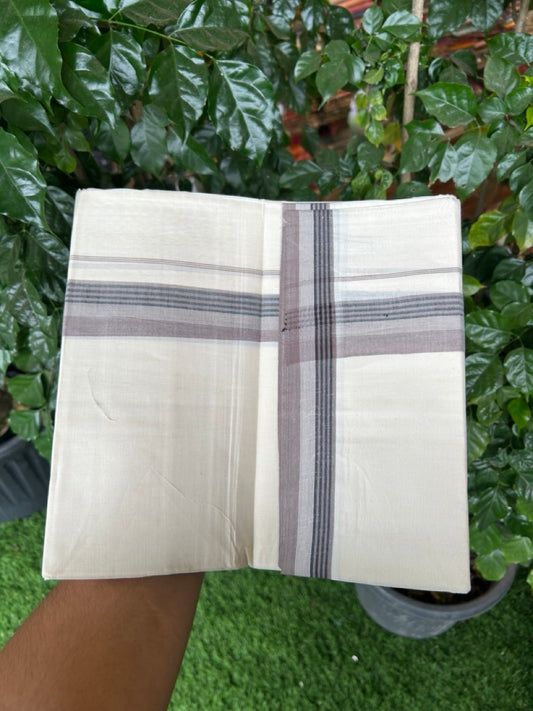 20% Discount! KaithariKada Balaramapuram 100%  Cotton Off White Double - (Unbleached) Mundu/Dhoti - 100X80 - 1.5 Inch Grey shaded Black striped Kara - 4 Mtr (8.5 Muzham) - 122 KK5294 THI