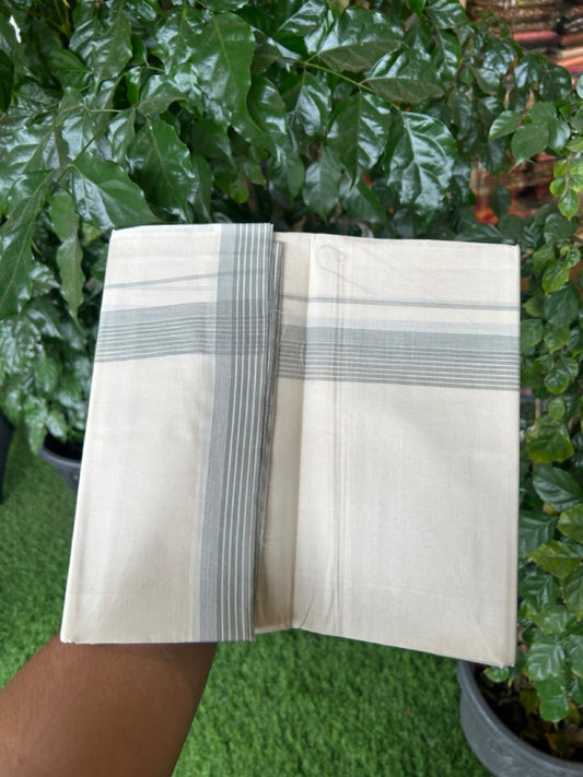 20% Discount! KaithariKada Balaramapuram 100%  Cotton Off White Double - (Unbleached) Mundu/Dhoti - 100X80 - 1.25 Inch Ash Green striped Kara - 4 Mtr (8.5 Muzham) - 115 KK5294 THI