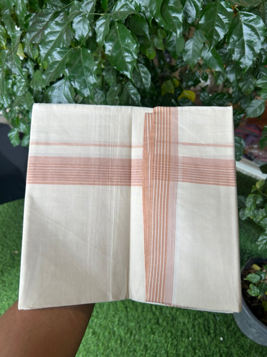 20% Discount! KaithariKada Balaramapuram 100%  Cotton Off White Double - (Unbleached) Mundu/Dhoti - 100X80 - 1.25 Inch Dark Peach striped Kara - 4 Mtr (8.5 Muzham) - 113 KK5294 THI