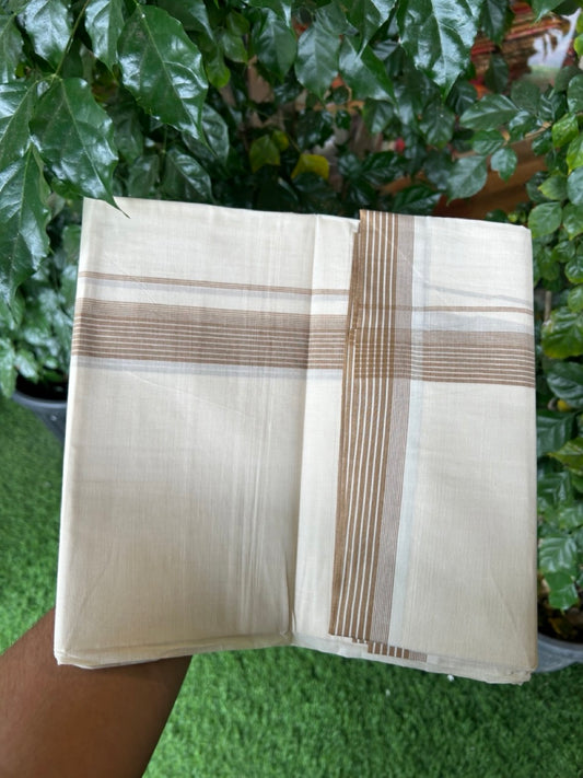 20% Discount! KaithariKada Balaramapuram 100%  Cotton Off White Double - (Unbleached) Mundu/Dhoti - 100X80 - 1.25 Inch Brown striped Kara - 4 Mtr (8.5 Muzham) - 111 KK5294 THI