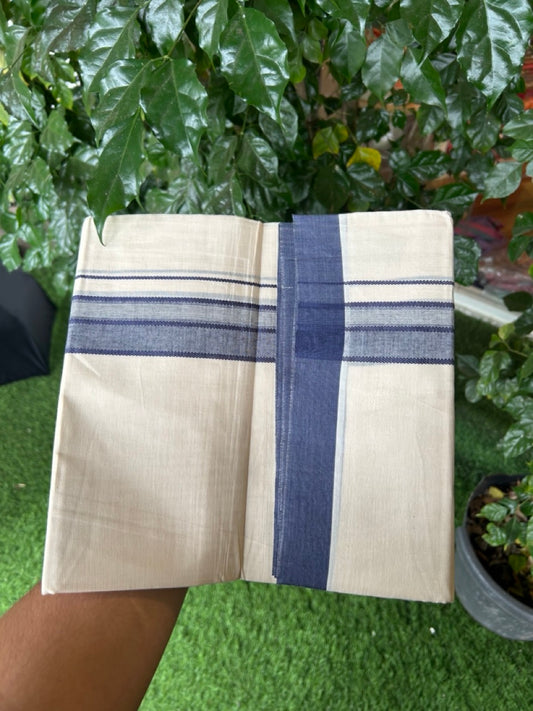 20% Discount! KaithariKada Balaramapuram 100%  Cotton Off White Double - (Unbleached) Mundu/Dhoti - 100X80 - 1.5 inch Navy Blue Shaded Striped Kara - 4 Mtr (8.5 Muzham) - 103 KK5294 THI