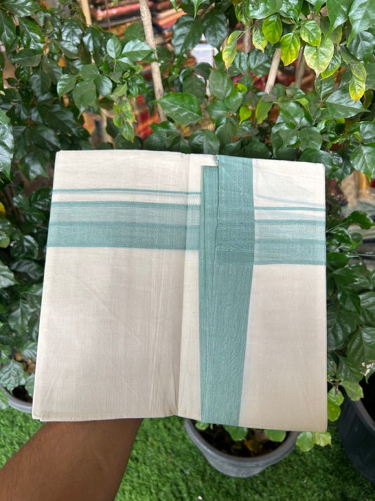 20% Discount! KaithariKada Balaramapuram 100%  Cotton Off White Double - (Unbleached) Mundu/Dhoti - 100X80 - 1.5 inch Pastel Green Shaded Striped Kara - 4 Mtr (8.5 Muzham) - 105 KK5294 THI