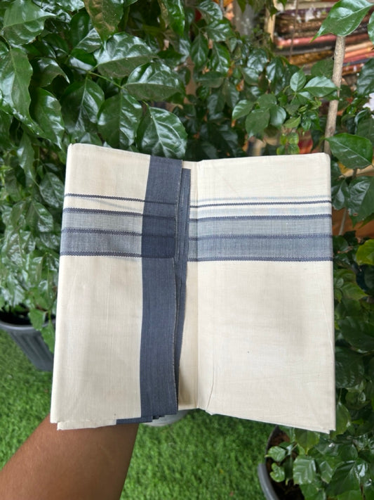 20% Discount! KaithariKada Balaramapuram 100%  Cotton Off White Double - (Unbleached) Mundu/Dhoti - 100X80 - 1.5 inch Ash Blue Shaded Striped Kara - 4 Mtr (8.5 Muzham) - 104 KK5294 THI