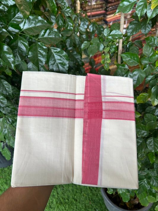 20% Discount! KaithariKada Balaramapuram 100%  Cotton Off White Double - (Unbleached) Mundu/Dhoti - 100X80 - 1.5 inch Bright Maroon Shaded Striped Kara - 4 Mtr (8.5 Muzham) - 106 KK5294 THI