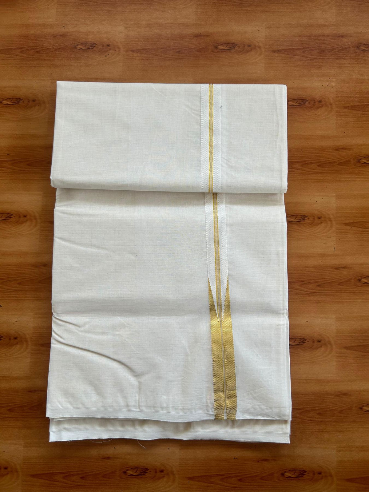 Double Off white - 20% Discount!!! KaithariKada Pulimood 100% Cotton (Unbleached) Kerala Mundu / Dhoti-100x100  1.cm Puliyilakkara Gold Kasavu Chutty Kara - 6 KK5547 ASH