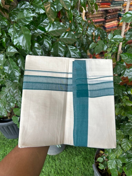 20% Discount! KaithariKada Balaramapuram 100%  Cotton Off White Double - (Unbleached) Mundu/Dhoti - 100X80 - 1.5 inch Peacock Green Shaded Striped Kara - 4 Mtr (8.5 Muzham) - 101 KK5294 THI