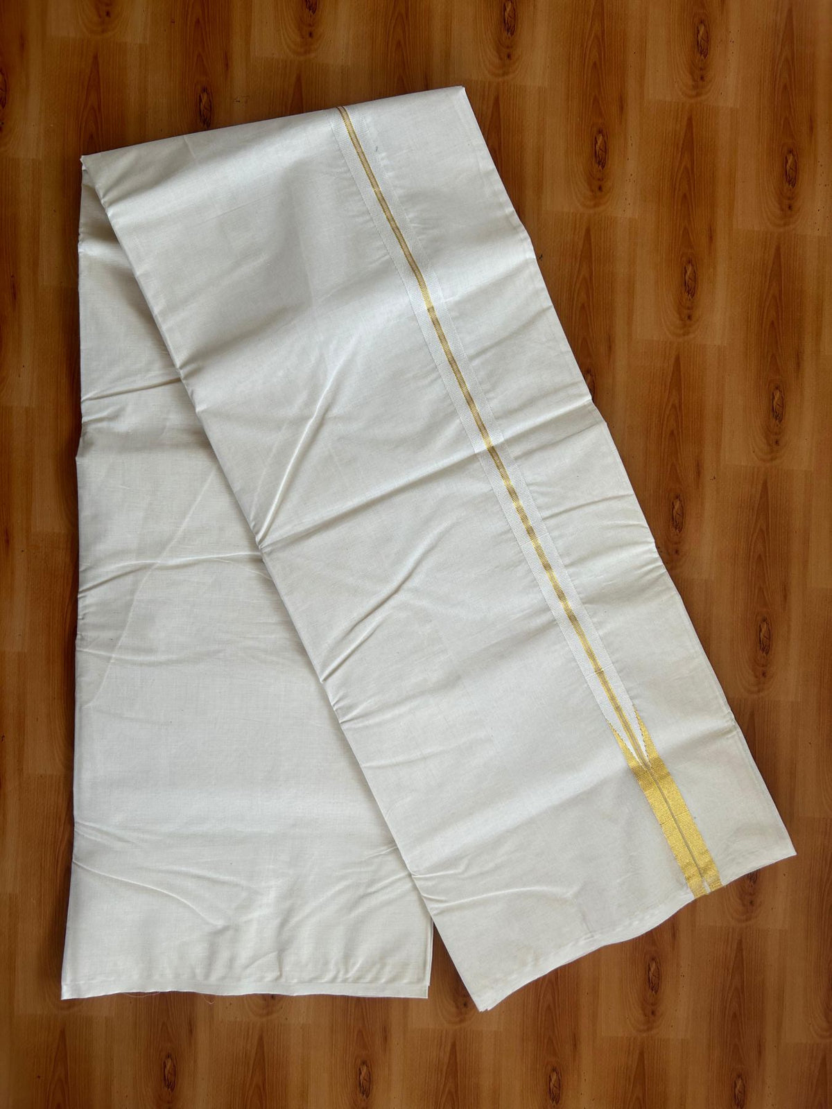 Double Off white - 20% Discount!!! KaithariKada Pulimood 100% Cotton (Unbleached) Kerala Mundu / Dhoti-100x100  1.cm Puliyilakkara Gold Kasavu Chutty Kara - 6 KK5547 ASH