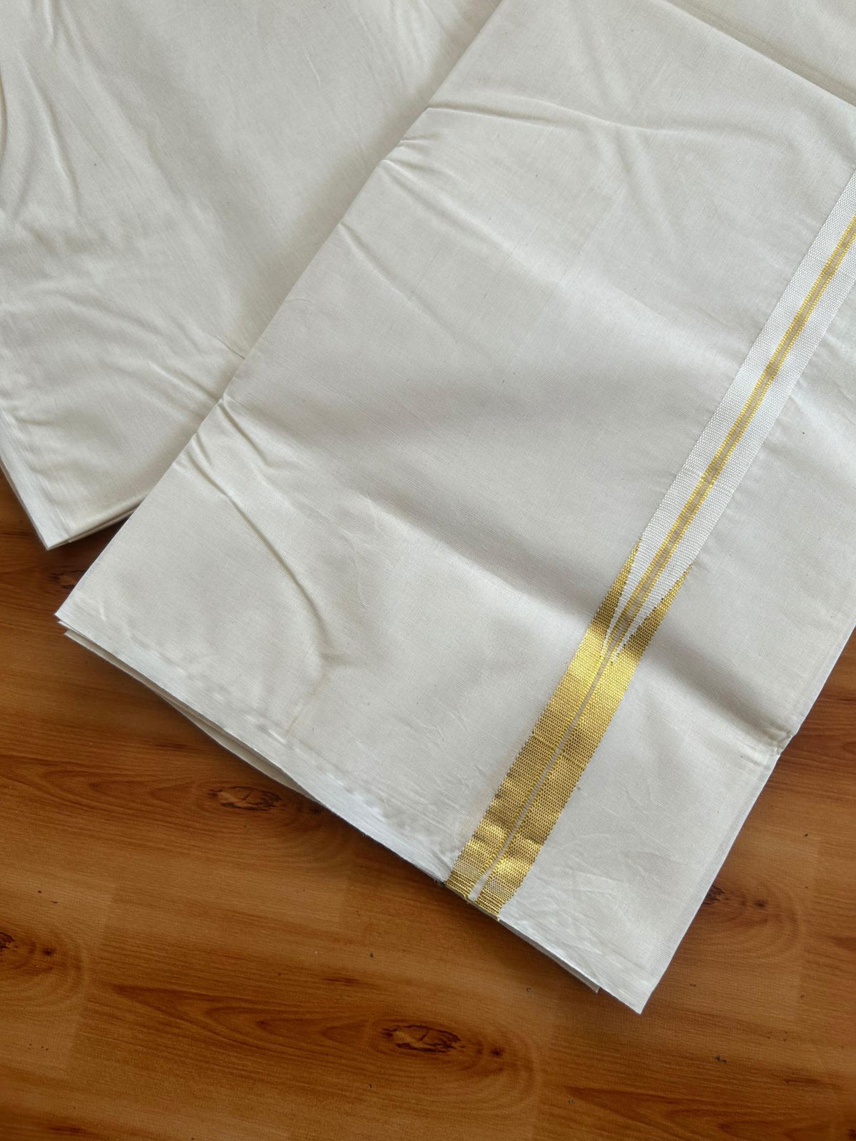 Double Off white - 20% Discount!!! KaithariKada Pulimood 100% Cotton (Unbleached) Kerala Mundu / Dhoti-100x100  1.cm Puliyilakkara Gold Kasavu Chutty Kara - 6 KK5547 ASH