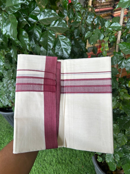 20% Discount! KaithariKada Balaramapuram 100%  Cotton Off White Double - (Unbleached) Mundu/Dhoti - 100X80 - 1.5 inch Maroon Shaded Striped Kara - 4 Mtr (8.5 Muzham) - 102 KK5294 THI