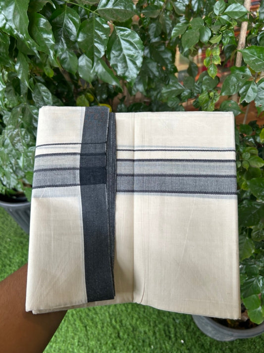 20% Discount! KaithariKada Balaramapuram 100%  Cotton Off White Double - (Unbleached) Mundu/Dhoti - 100X80 - 1.5 inch Black Shaded Striped Kara - 4 Mtr (8.5 Muzham) - 100 KK5294 THI