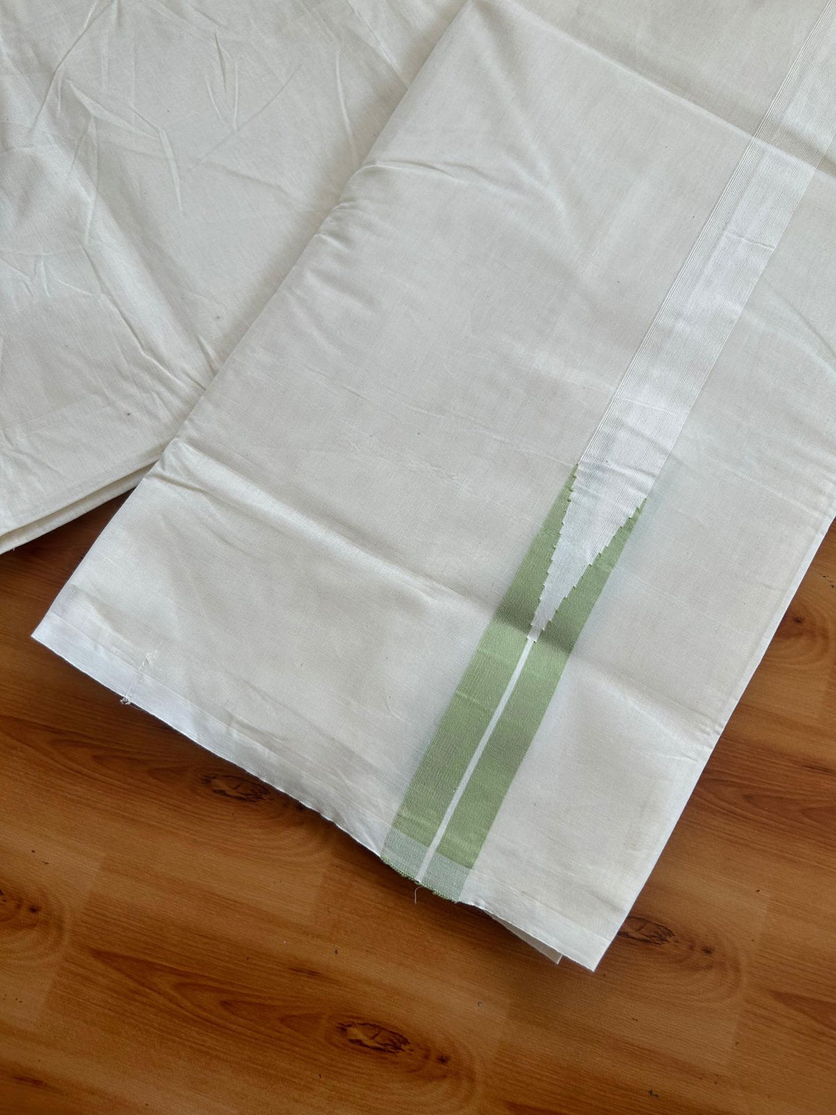 Double Off White (Unbleached) Mundu/Dhoti - 20% Discount !! KaithariKada Pulimood - 100% Cotton - 100X100 - 1.25inch Puliyilakkara Light Green chutty Kara (4.25 meter / 9.11 muzham) - 4 KK5547 ASH