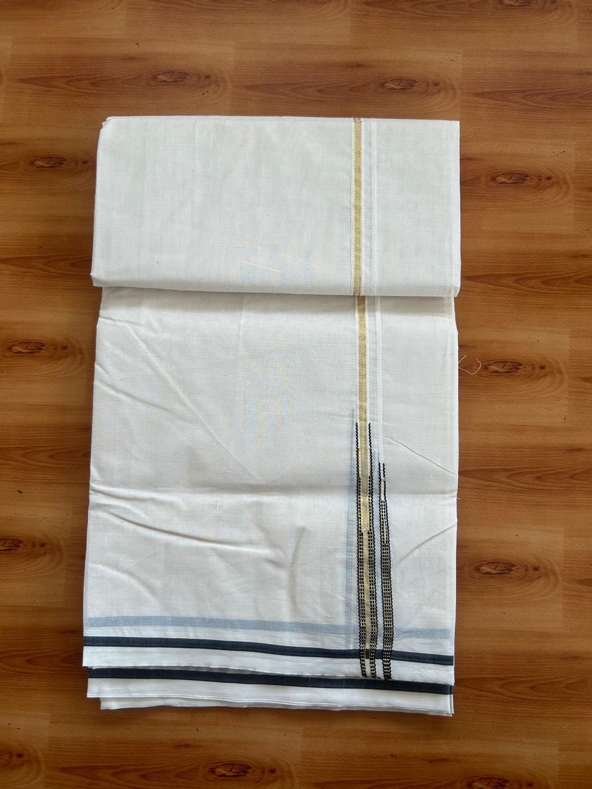 Double Off white - 20% Discount!!! KaithariKada Pulimood 100% Cotton (Unbleached) Kerala Mundu / Dhoti-100x100  1.cm Double Chutty Black & Gold Kasavu Kara - 5 KK5547 ASH