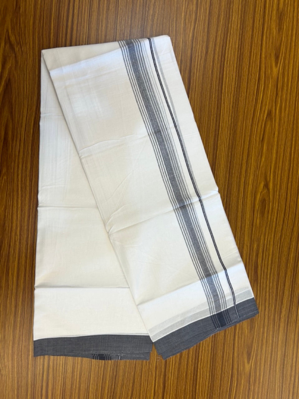 20% Discount ! Kaitharikada Balaramapuram 100% Cotton PURE WHITE Double Mundu/Dothi - 100x80 - 1.5 inch Ash Black Shaded Striped Kara 3.90 mtr (8 muzham) - 41 KK5294 THI