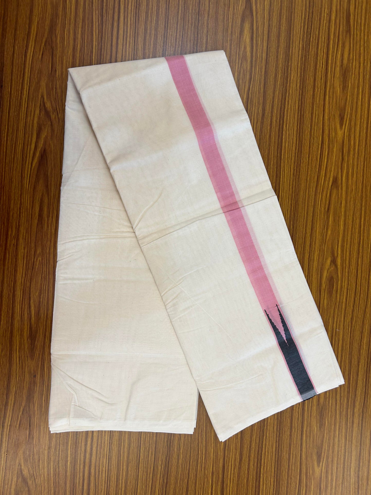 20% Discount ! KaithariKada 100% Cotton off white Double - (Unbleached) Mundu/Dhoti - 100X100 - 2.5 cm Puliyilakkara Pink & Black Chutty kara - 4 mtr (8.5 muzham) - 25 KK5354 ASH