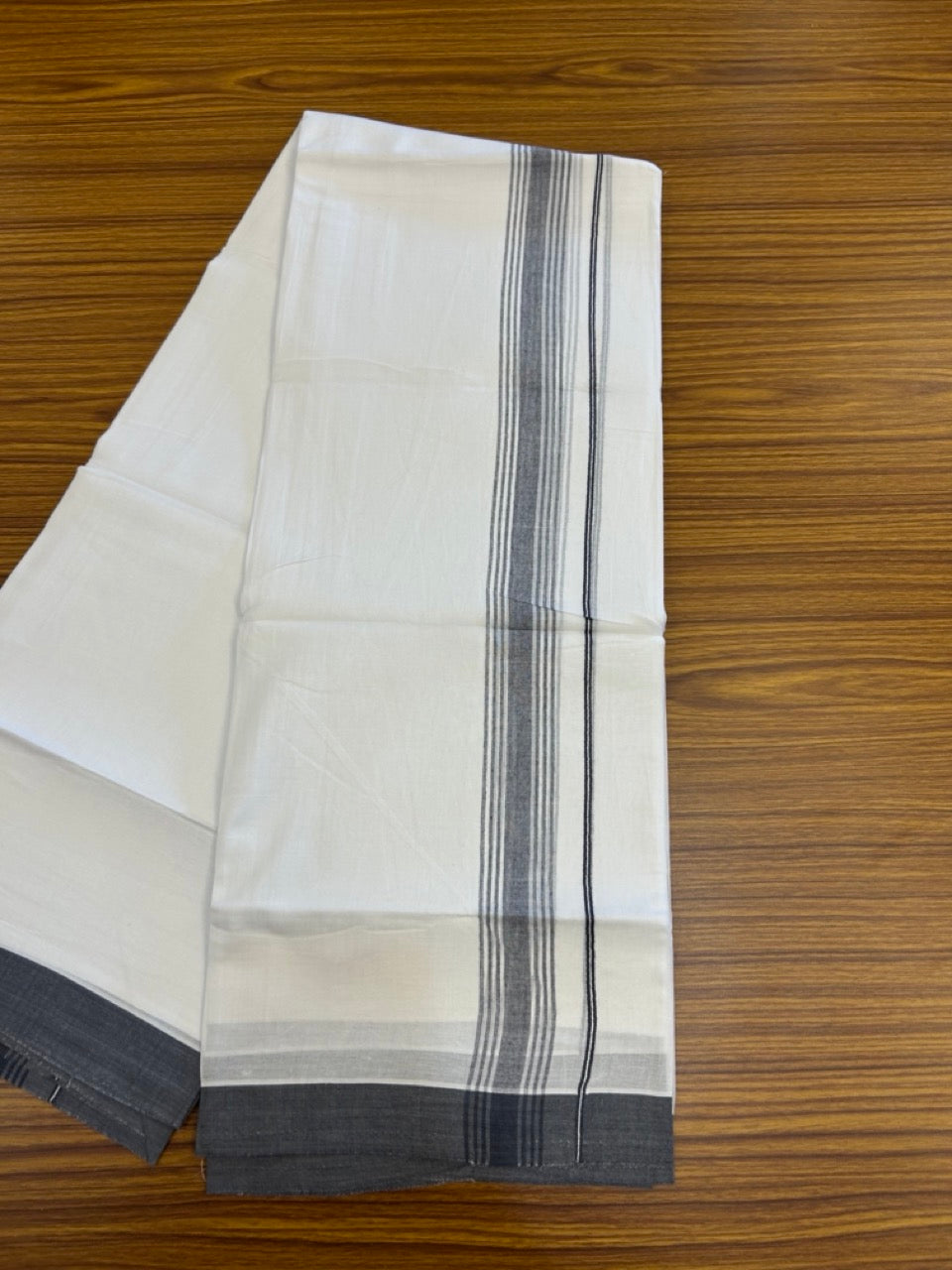 20% Discount ! Kaitharikada Balaramapuram 100% Cotton PURE WHITE Double Mundu/Dothi - 100x80 - 1.5 inch Ash Black Shaded Striped Kara 3.90 mtr (8 muzham) - 41 KK5294 THI