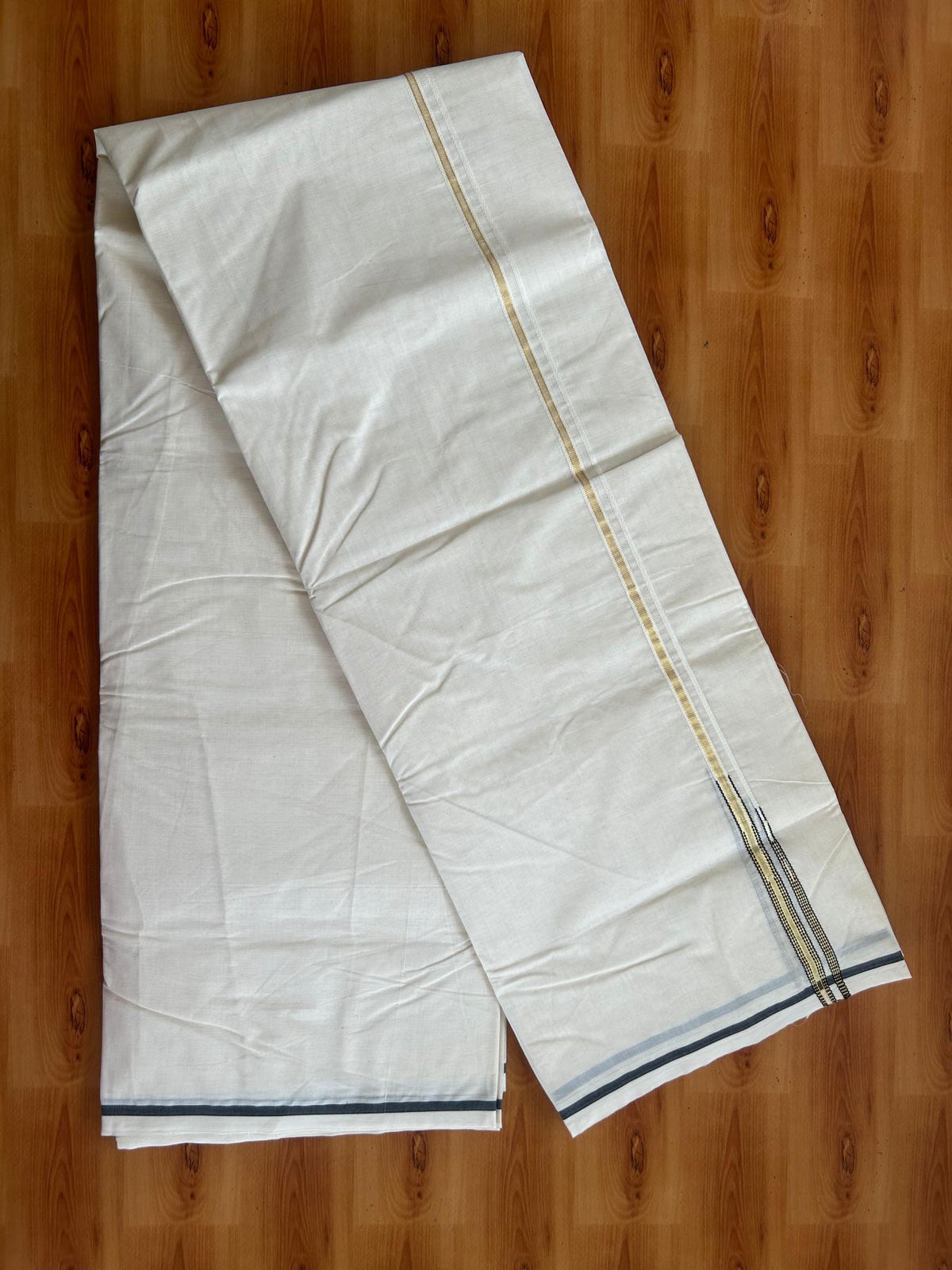 Double Off white - 20% Discount!!! KaithariKada Pulimood 100% Cotton (Unbleached) Kerala Mundu / Dhoti-100x100  1.cm Double Chutty Black & Gold Kasavu Kara - 5 KK5547 ASH