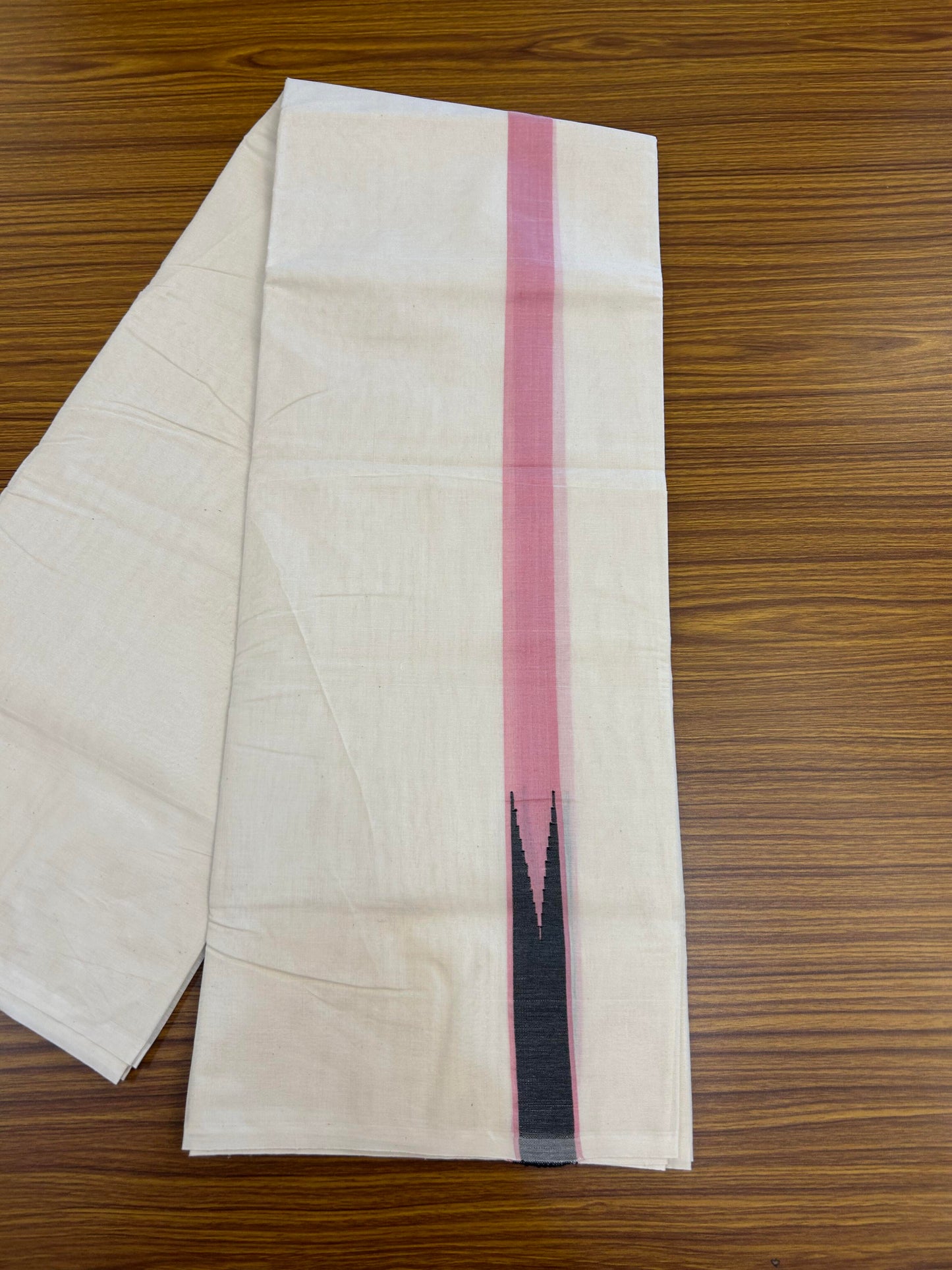 20% Discount ! KaithariKada 100% Cotton off white Double - (Unbleached) Mundu/Dhoti - 100X100 - 2.5 cm Puliyilakkara Pink & Black Chutty kara - 4 mtr (8.5 muzham) - 25 KK5354 ASH