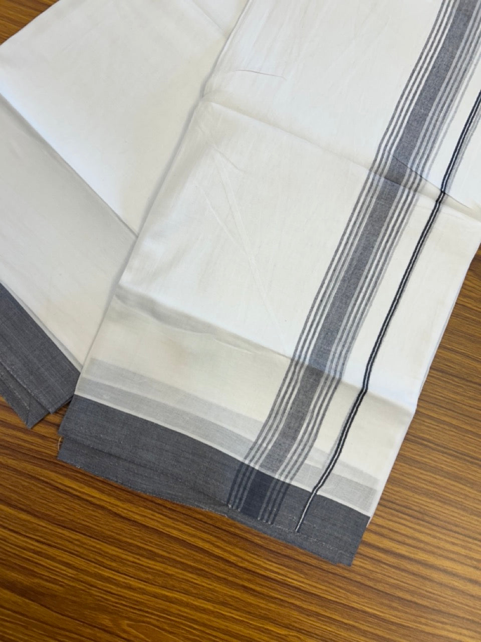 20% Discount ! Kaitharikada Balaramapuram 100% Cotton PURE WHITE Double Mundu/Dothi - 100x80 - 1.5 inch Ash Black Shaded Striped Kara 3.90 mtr (8 muzham) - 41 KK5294 THI