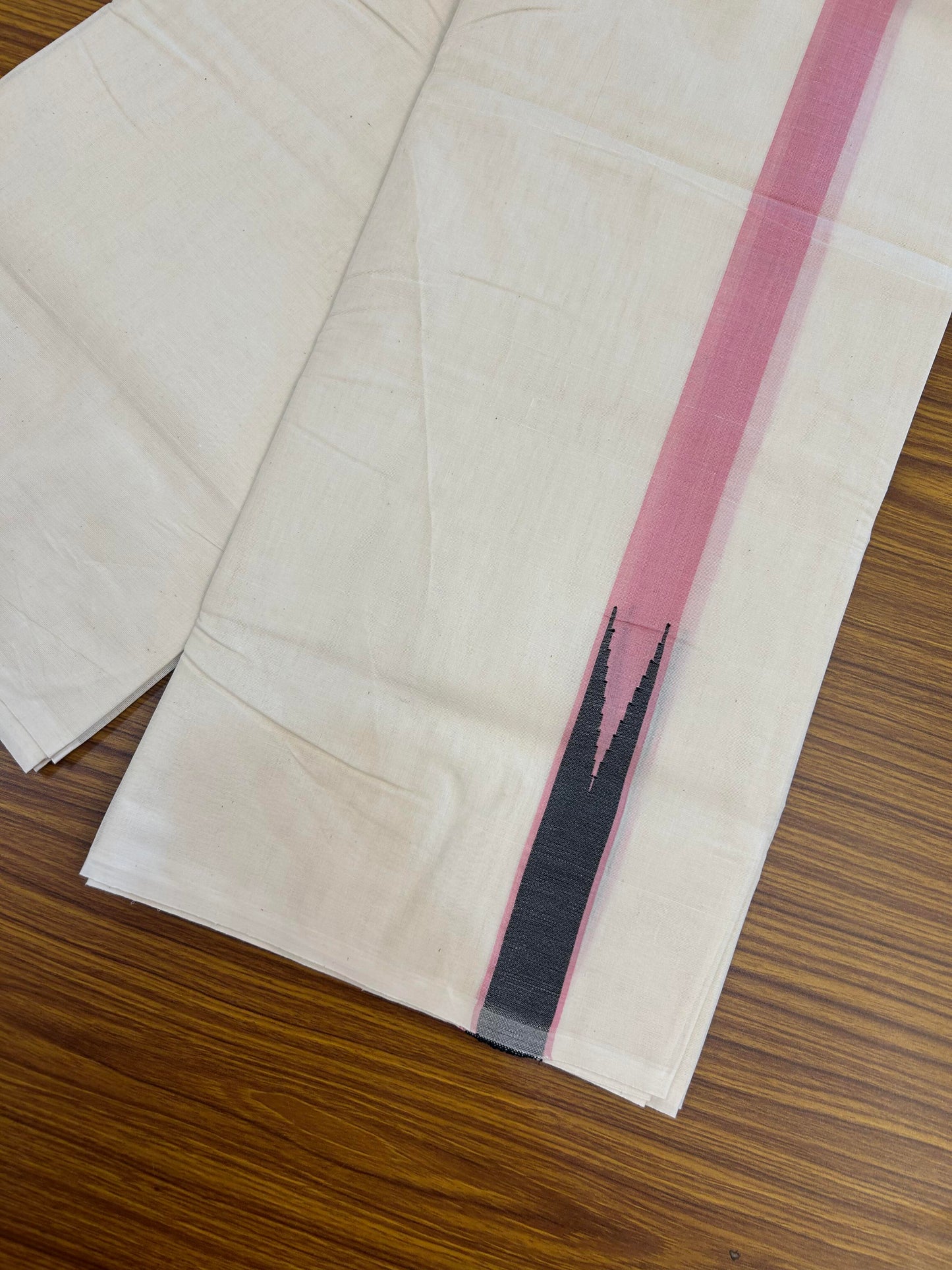 20% Discount ! KaithariKada 100% Cotton off white Double - (Unbleached) Mundu/Dhoti - 100X100 - 2.5 cm Puliyilakkara Pink & Black Chutty kara - 4 mtr (8.5 muzham) - 25 KK5354 ASH