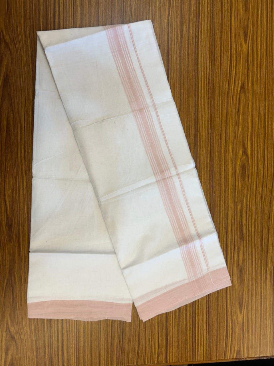 20% Discount ! Kaitharikada Balaramapuram 100% Cotton PURE WHITE Double Mundu/Dothi - 100x80 - 1.5 inch Light Pink Shaded Striped Kara 3.90 mtr (8 muzham) - 42 KK5294 THI
